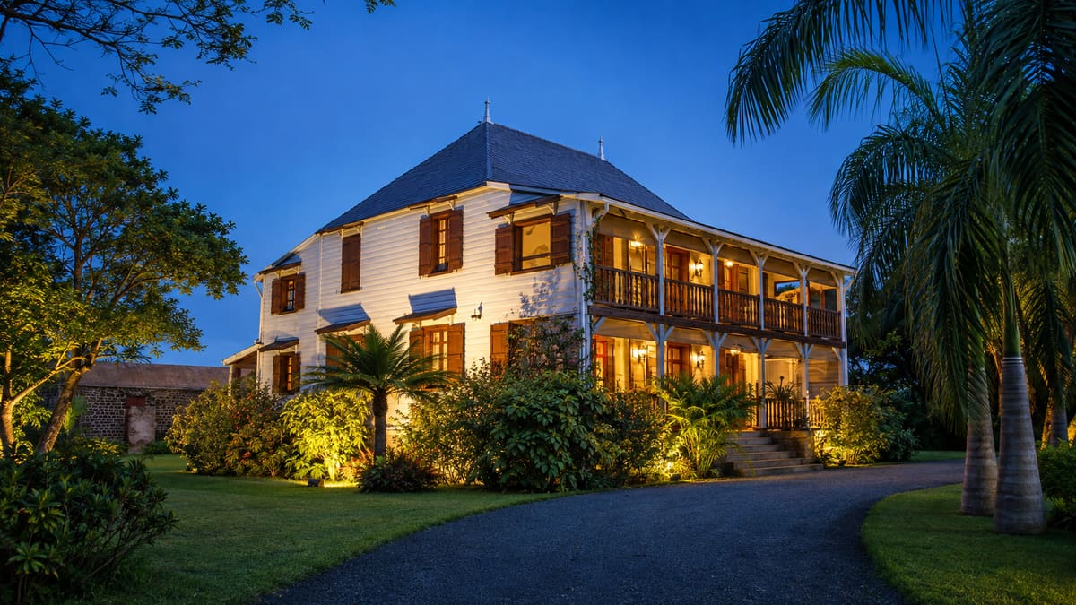 La maison créole du Jardin de Beau Vallon éclairée à la tombée de la nuit, entourée de palmiers