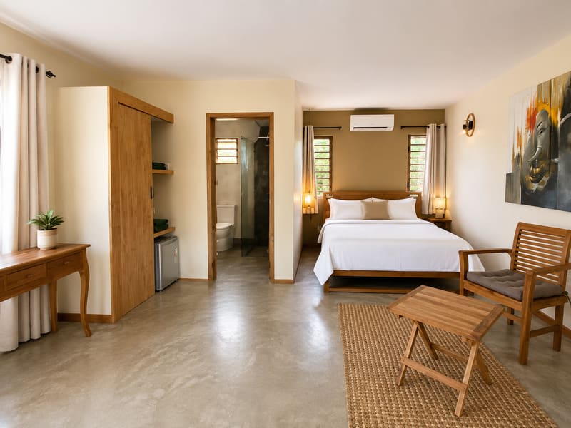 Chambre de bungalow avec lit double, climatisation et salle de bain attenante
